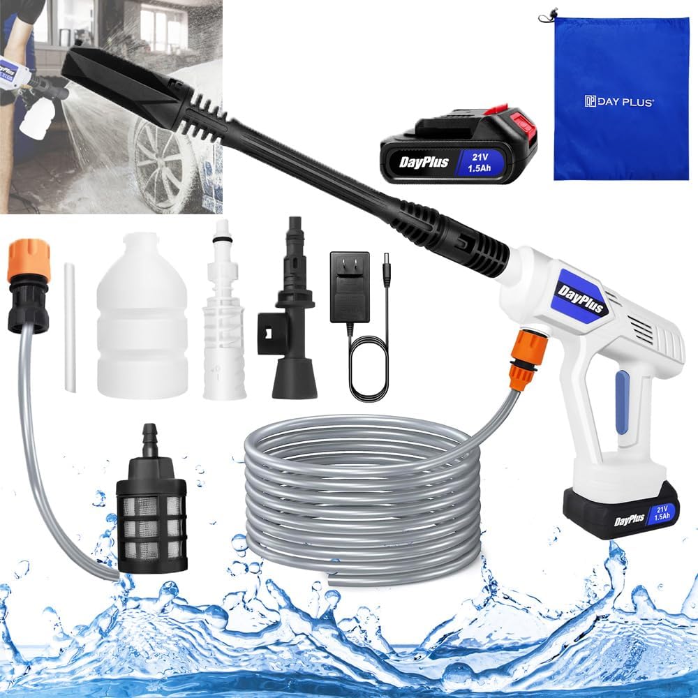 Portable High-Pressure Washer Car Washer Wireless Water Spray Gun Cleaner, Electric Pressure Washer with 21V 1.5Ah Battery & Fast Charger, with Quick Connect Nozzles for Garden Patio Yard Window