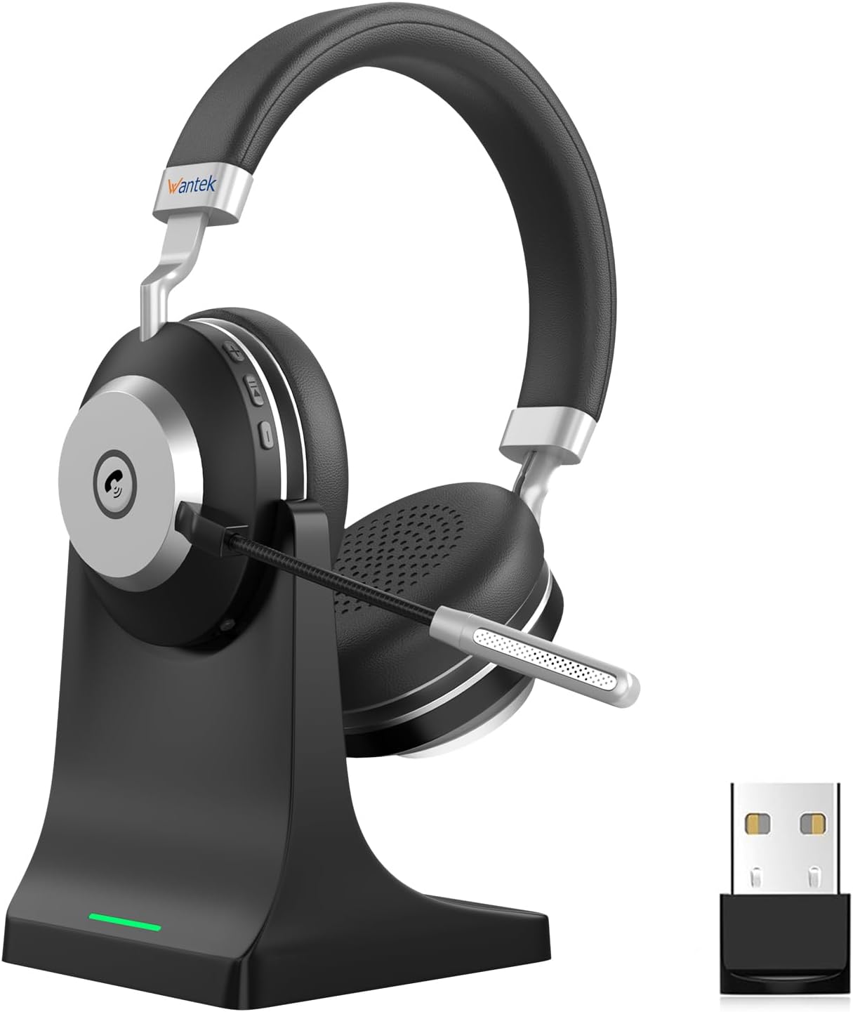 Wantek Wireless Headset with Mic- USB & Bluetooth Connectivity, 60-Hour Battery Life, AI Noise Cancelling Adjustable Microphone Charging Dock, Comfort Fit for Home/Office/Mobile Phone