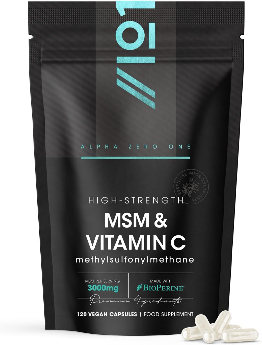 MSM 3000mg with Vitamin C & BioPerine® - 120 Vegan Capsules – Supports Collagen Formation – for Healthy Skin - High Potency Methylsulfonylmethane – by Alpha01