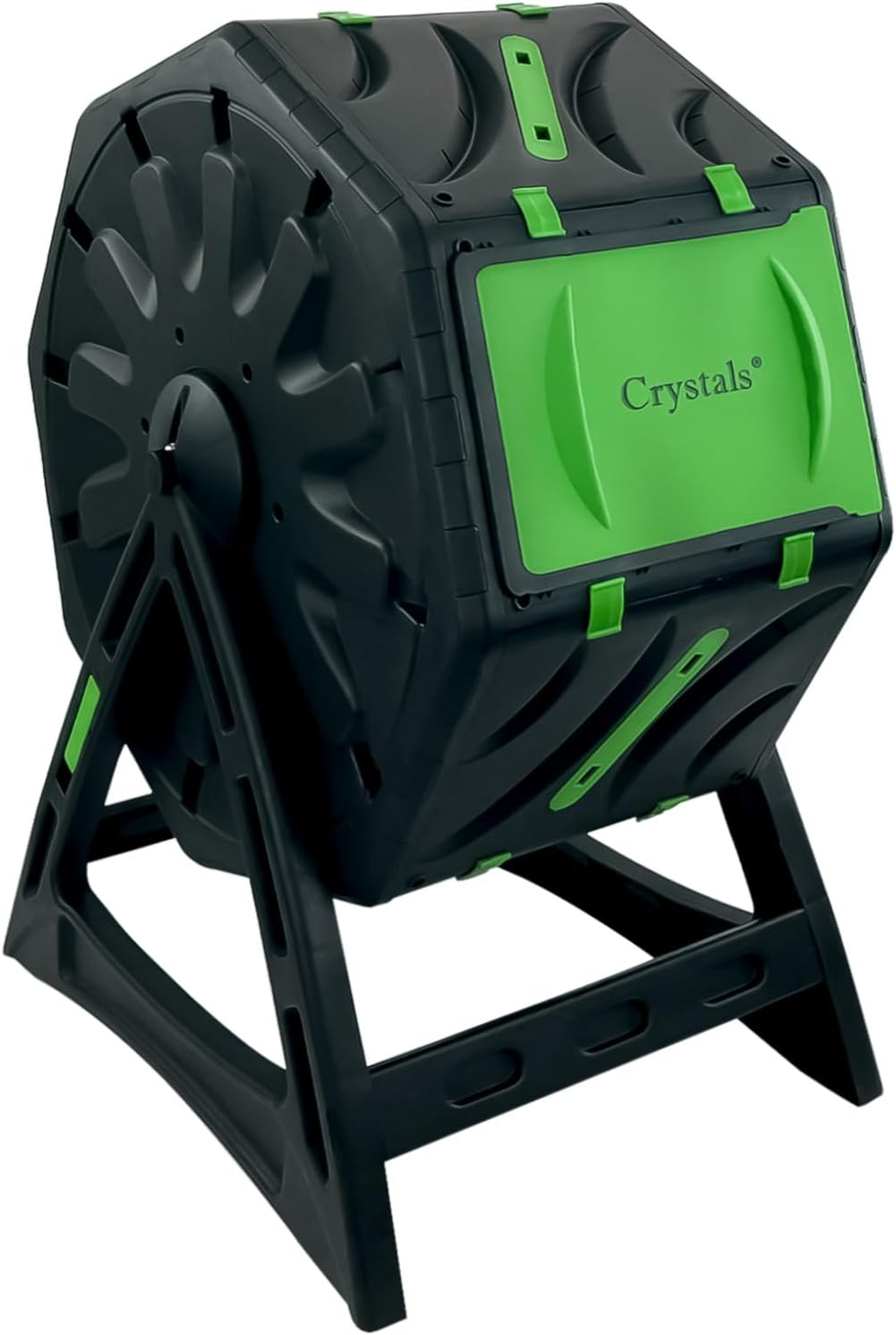 Crystals 65L Rotating Garden Compost Bin - Tumbling Composter with Air Holes, Durable Plastic Legs, Easy-Turn Barrel Design for Efficient Composting, Outdoor Garden Waste Recycling, Black/Green