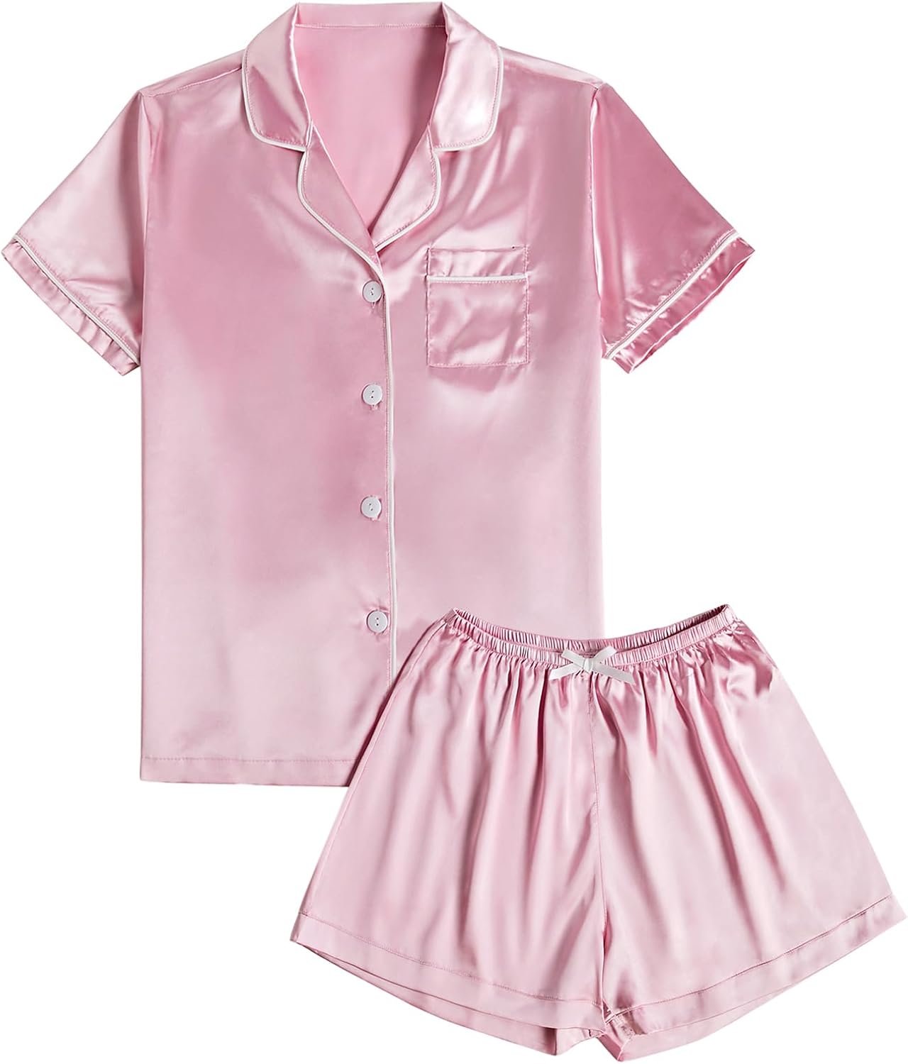 LYANER Women's Satin Silk Pajamas Short Sleeve Button Shirt & Shorts Set PJ Sleepwear