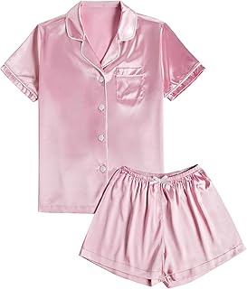 LYANER Women's Satin Silk Pajamas Short Sleeve Button Shirt & Shorts Set PJ Sleepwear