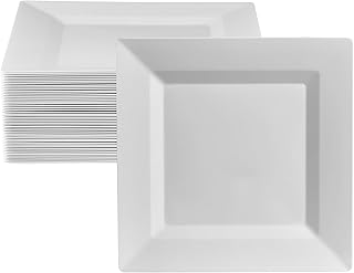 Oasis Creations White Square Plates Set 10" - 50 count - Premium Hard White Disposable Plastic - Disposable and Reusable - Salad Plate - Appetizer Plate - Dinner Plate - Party Plate Set