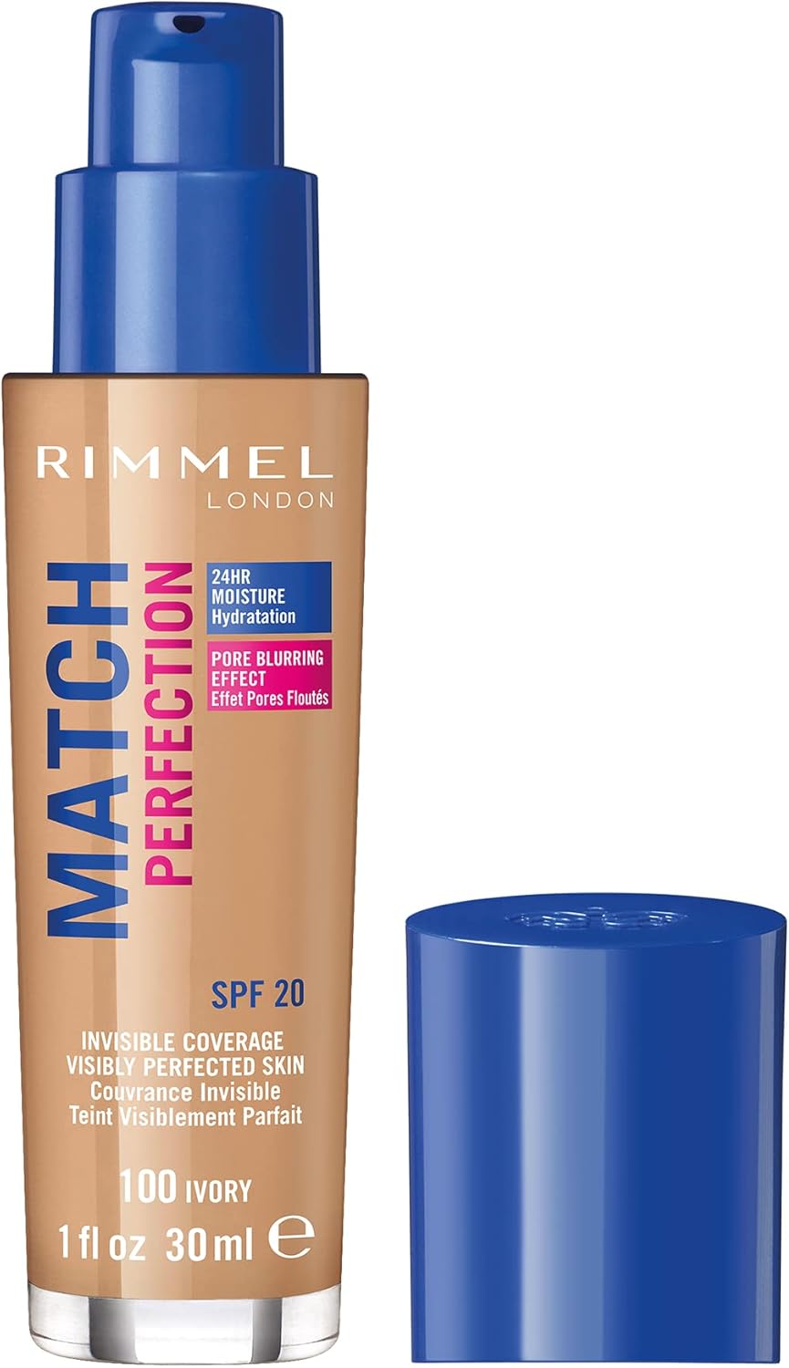 Rimmel Match Perfection Foundation 100 Ivory, Medium Coverage, 24hr Hydration, No Caking or Creasing, Lightweight, Reduces Imperfections, Invisible Coverage, SPF20, Cruelty Free