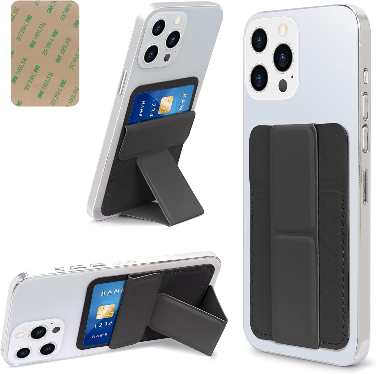 FYY Card Holder for Back of Phone,[Phone Stand] Stick on Wallet,PU Leather Credit Cards Holder for Cell Phone with 3M Adhesive Sticker for Smart Phones Black