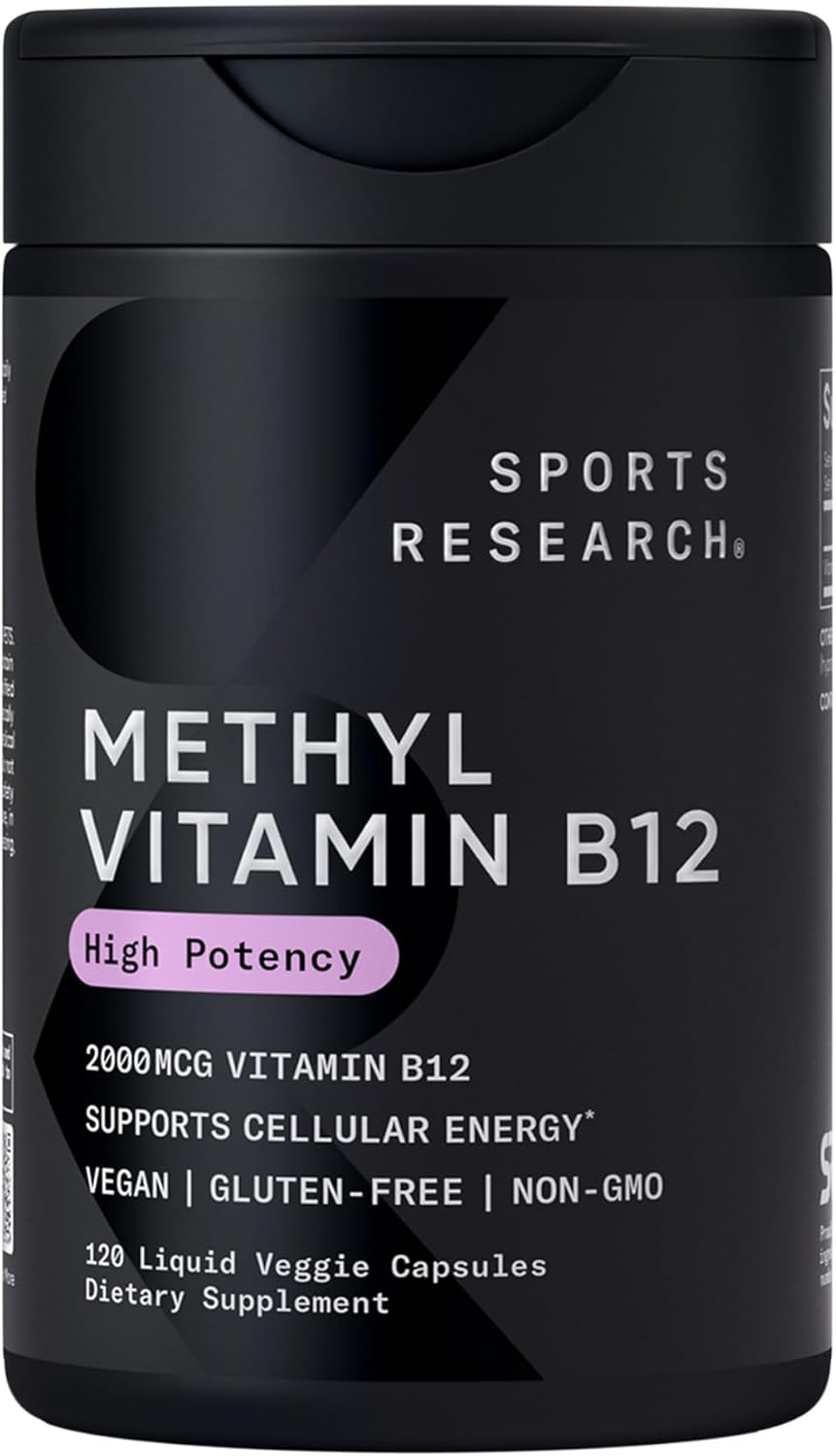 Sports Research® Methyl B12 | Cellular Energy Support | Metabolism Support | High Potency | Plant-Based Vegan-Friendly Formula | 120 Liquid Veggie Capsules