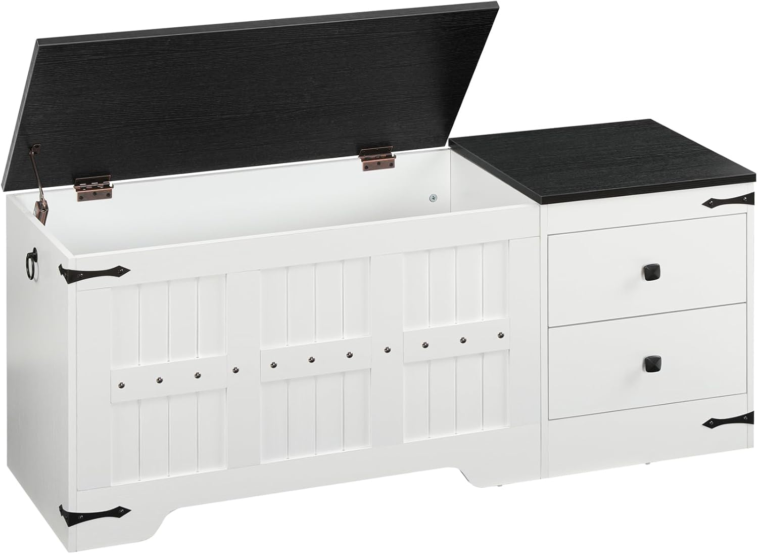 HOOBRO Wooden Toy Storage Bench, 120cm Storage Chest with Dual Drawers, Large Shoe Bench Storage Chest Trunk with Safe Hinge, Extra-Long Thick Top, Easy Assembly, White and Black WB212CW01UK