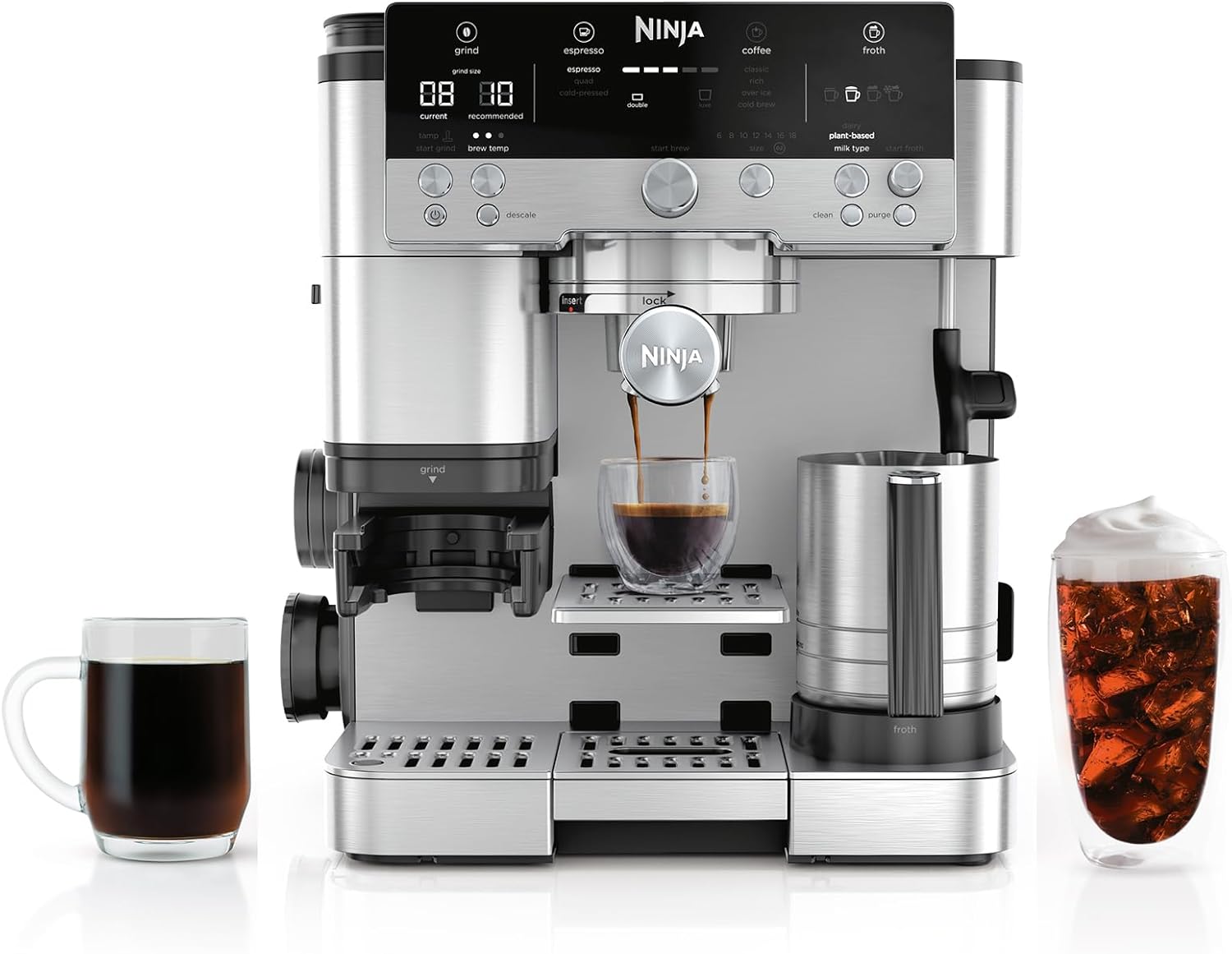 Ninja Luxe Café Premier 3-in-1 Espresso Machine, Drip Coffee, & Rapid Cold Brew | Built-in Coffee Grinder, Hands-Free Milk Frother, Assisted Tamper for Cappuccinos & Lattes | Stainless Steel | ES601