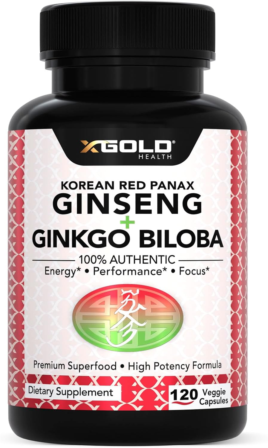 Korean Red Panax Ginseng 1200mg + Ginkgo Biloba -120 Vegan Capsules - High Ginsenosides Extra Strength Root Extract Powder Supplement for Energy, Performance & Focus Pills for Men & Women