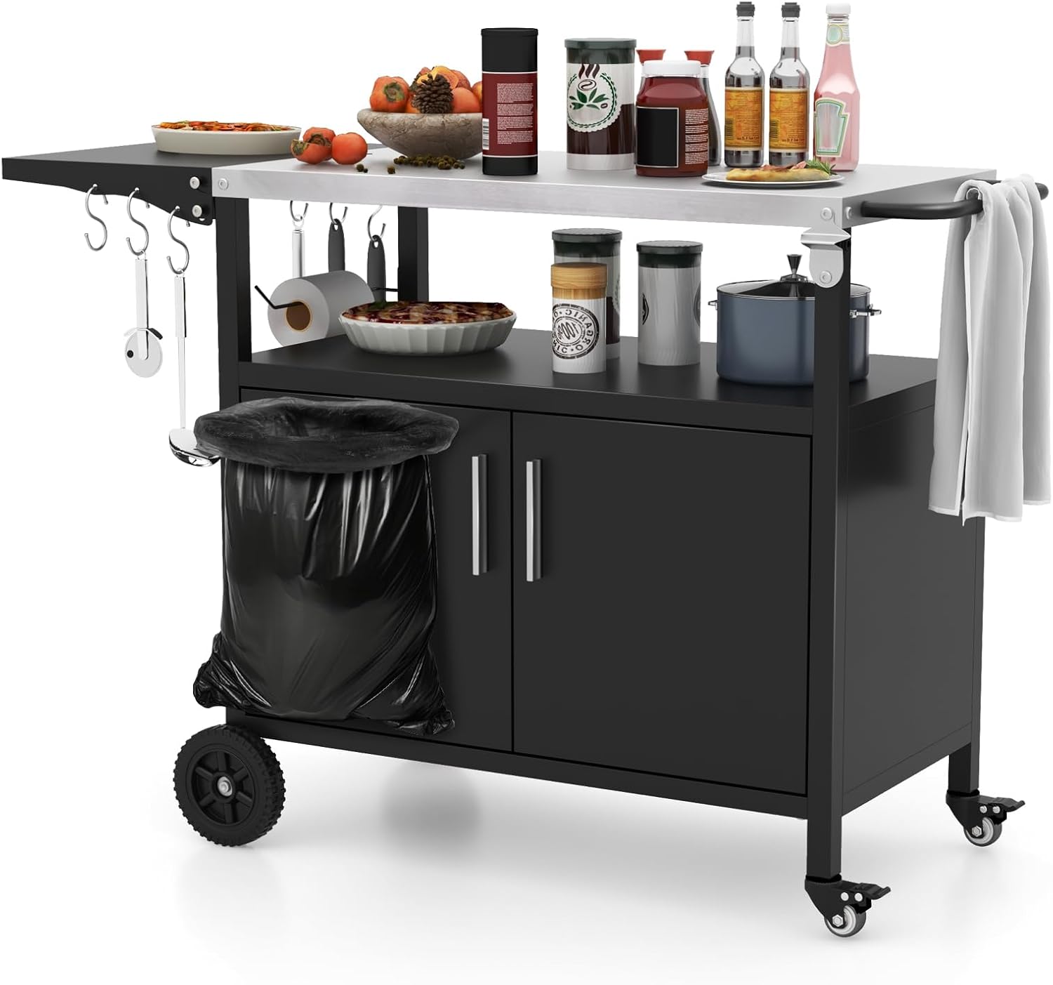 COSTWAY BBQ Storage Cart Table, 84cm Garden Serving Trolley with Folding Stainless Steel Top, 6 Hooks, Open Shelf & 2-Door Cabinet, Portable Food Prepare Dining Cart for Outdoor Grilling and Cooking