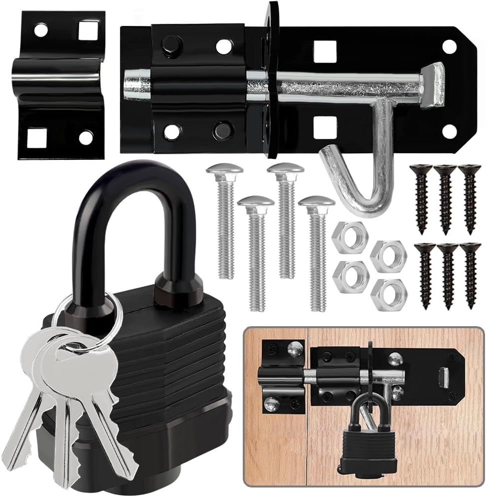 Door Lock Gate Bolt＆Door Latch Hasp,Stainless Steel Sliding Gate Bolt and Heavy Duty Door Lock, Padlock Shed Lock with Screws for Wooden Gates Garden Gate