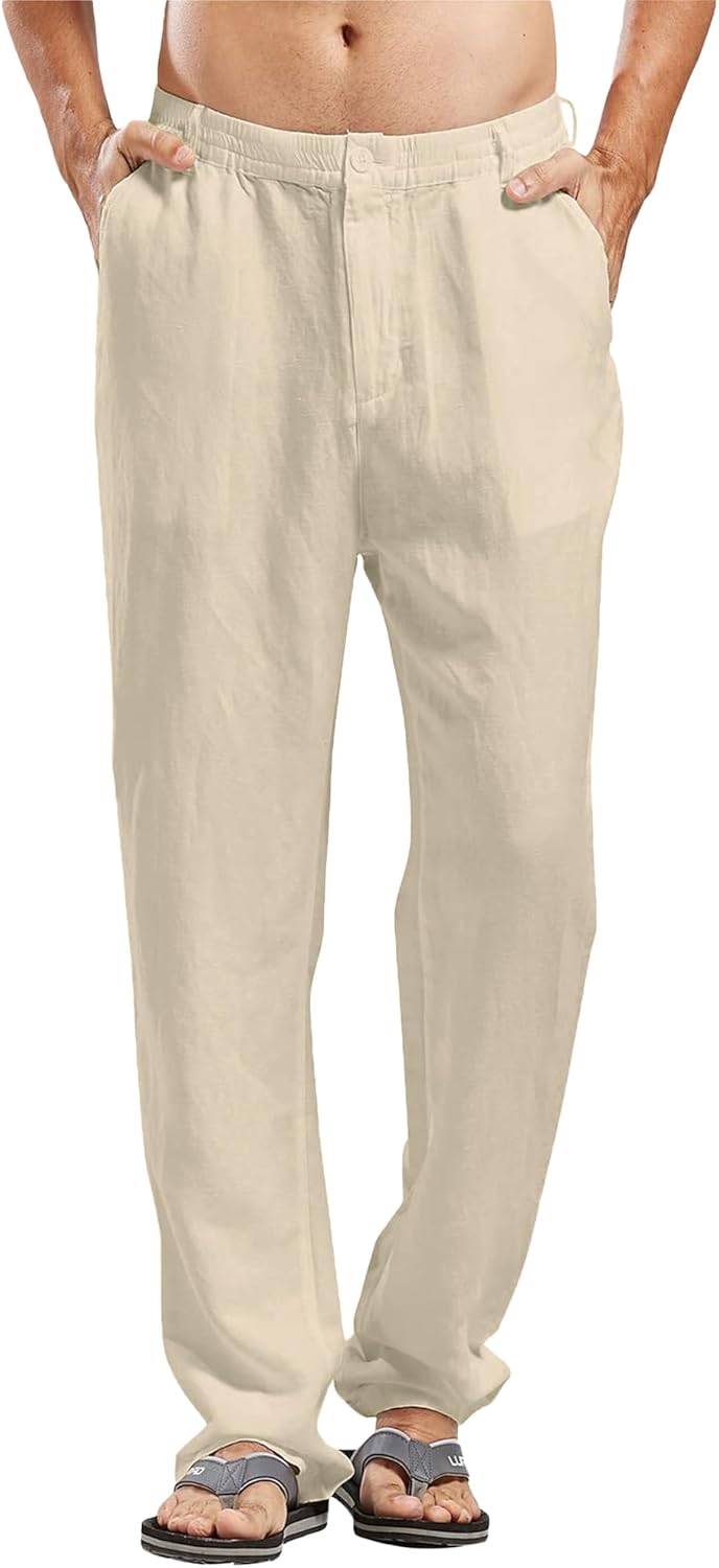 LVCBL Mens Linen Trousers Summer Casual Trouser Regular Fit Pants Lightweight Elastic Trousers