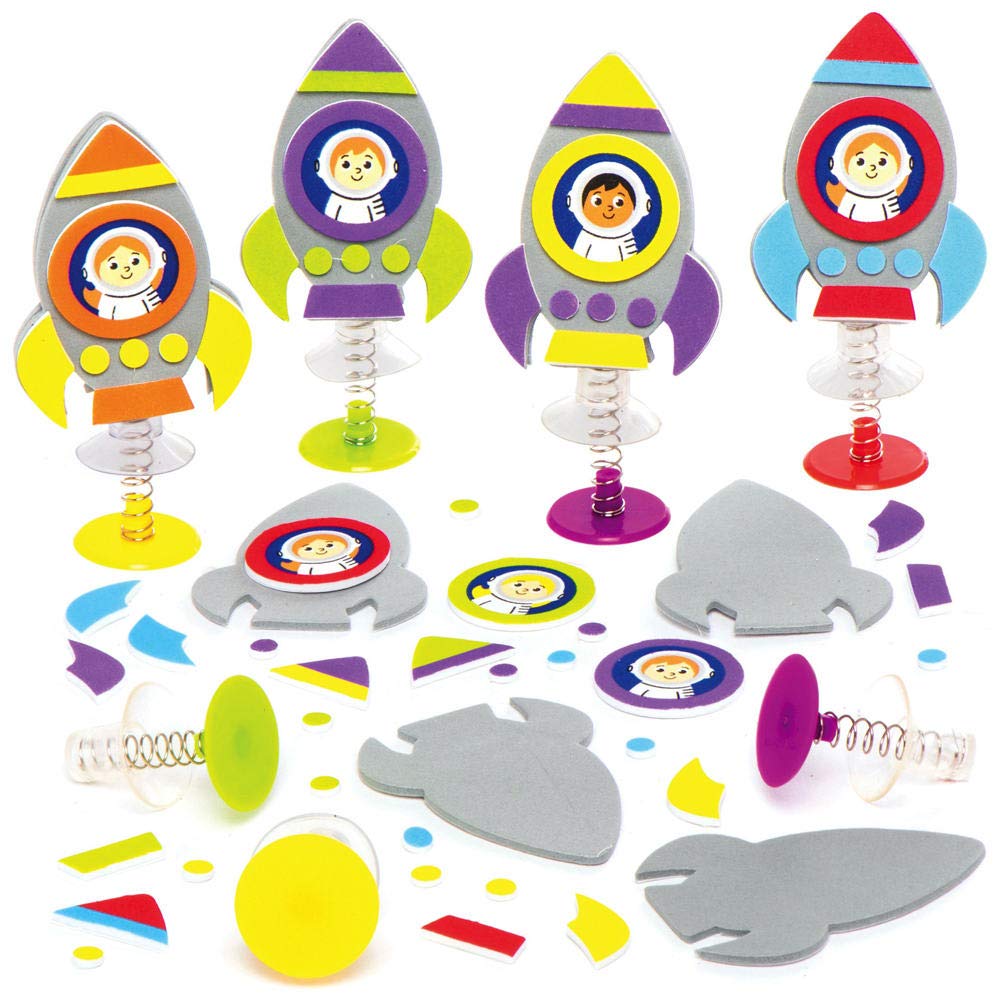 Baker Ross AX181 Space Rocket Jumping Toys - Pack of 8, Small Popping Toy Craft with Fun Spacemen Characters, Foam Sticker Art Toy