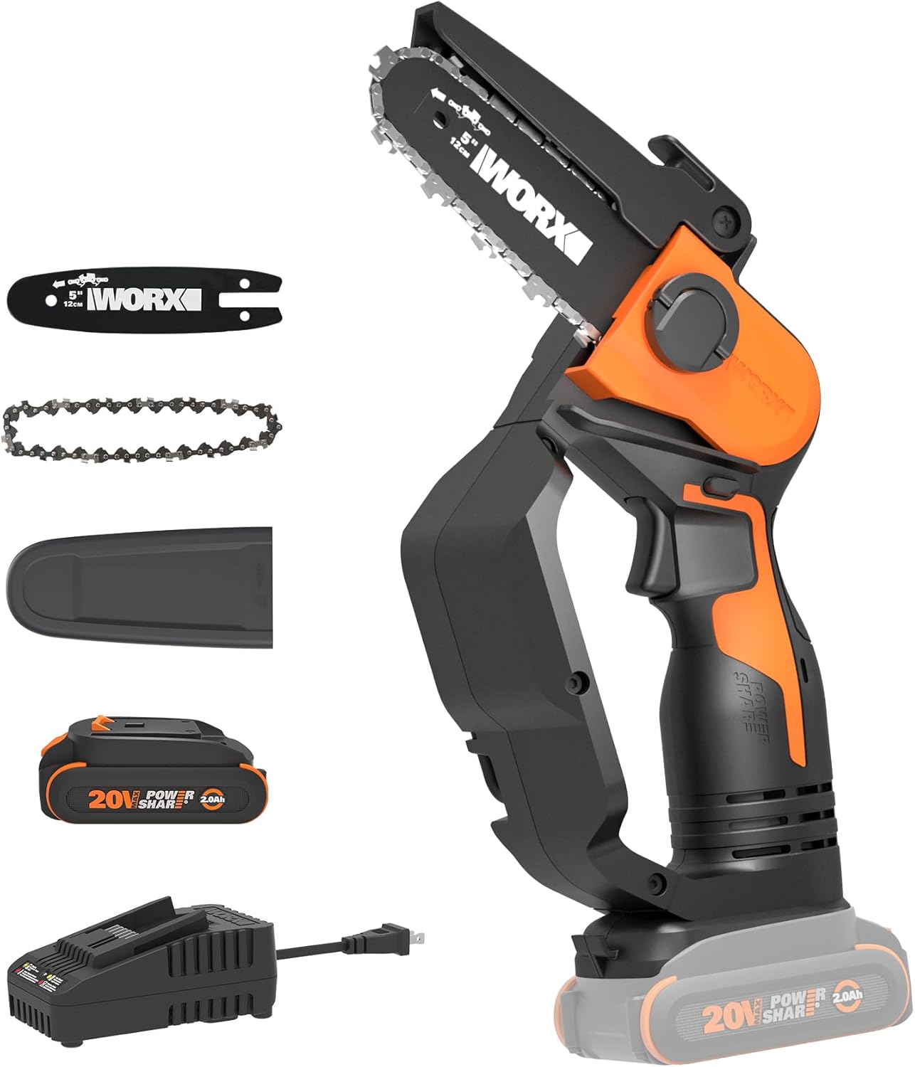 Worx 20V 5" Mini Cordless Chainsaw, 3.9 lbs, 22 ft/s Chain Speed, Power Share Battery, Upper & Hand Guard WG324 - Battery & Charger Included