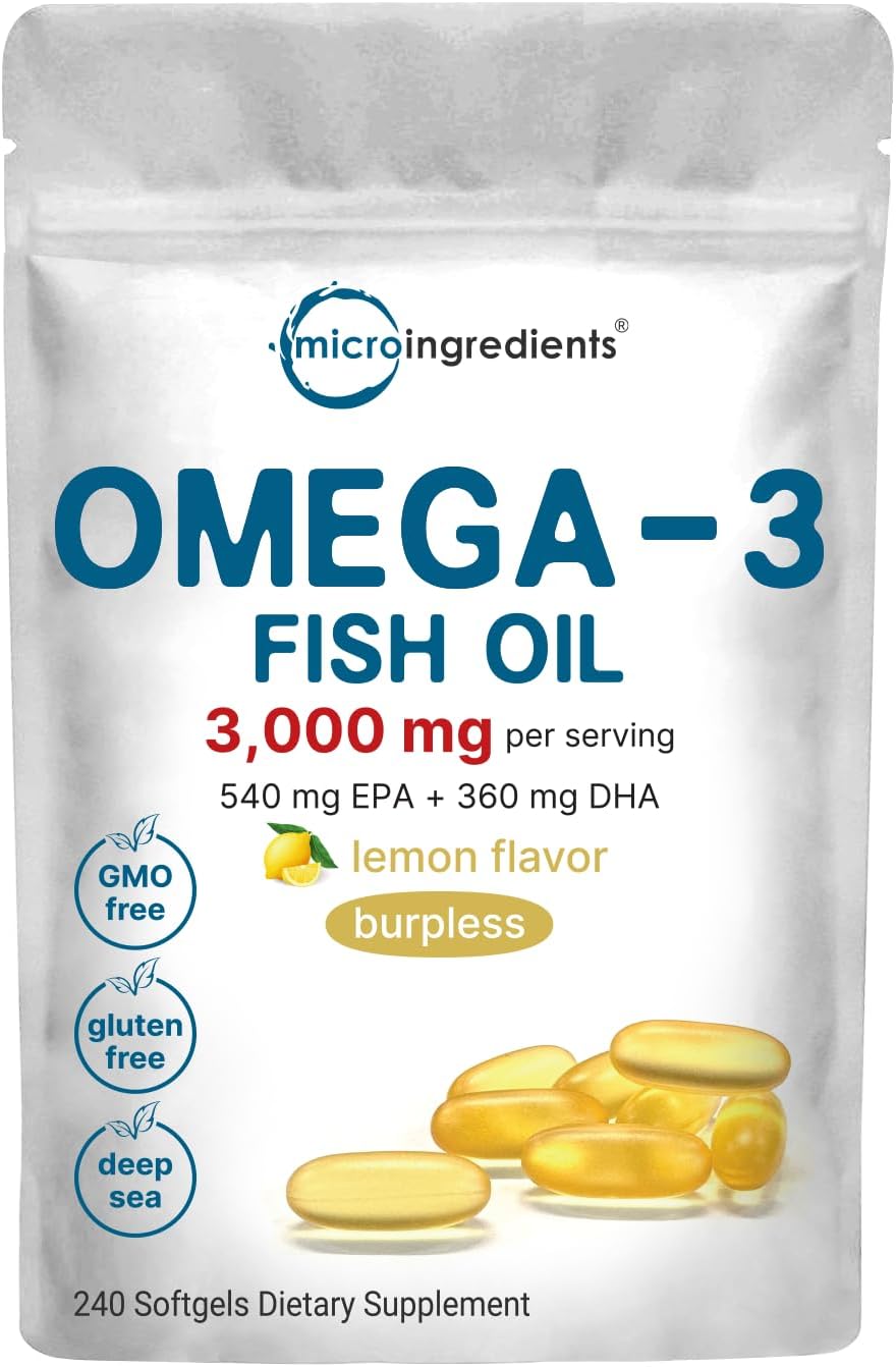 Omega 3 Fish Oil Supplements 3,000mg Per Serving, 240 Softgels | Lemon Flavored – Burpless | EPA 540mg + DHA 360mg | Heart & Brain Support | Deep Sea Fish