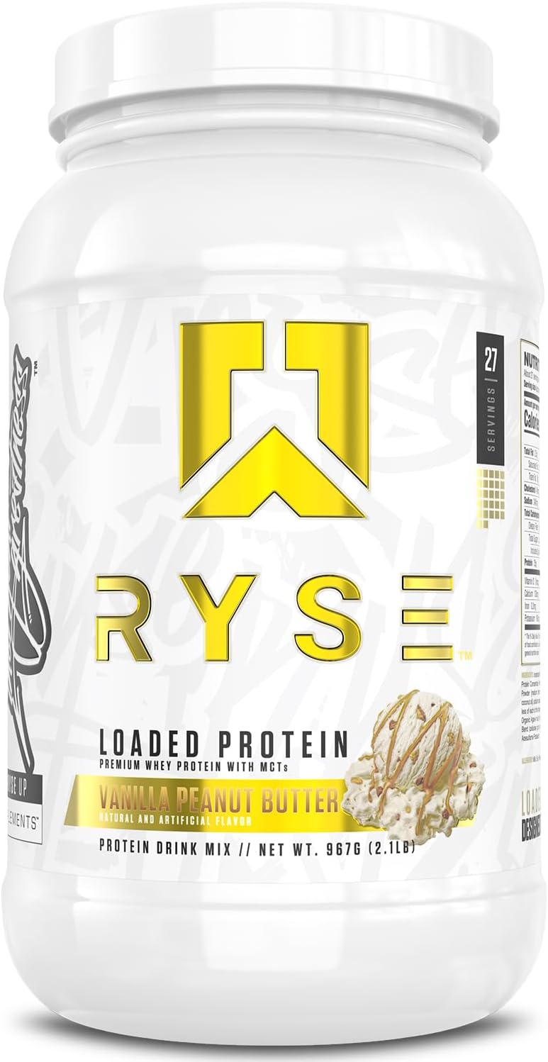 RYSE Loaded Protein Powder - Vanilla Peanut Butter - 25g Whey Protein Isolate & Concentrate with Prebiotic Fiber & MCTs - Low Carb, Low Sugar, Digestive-Friendly - 27 Servings / 2 lb Tub