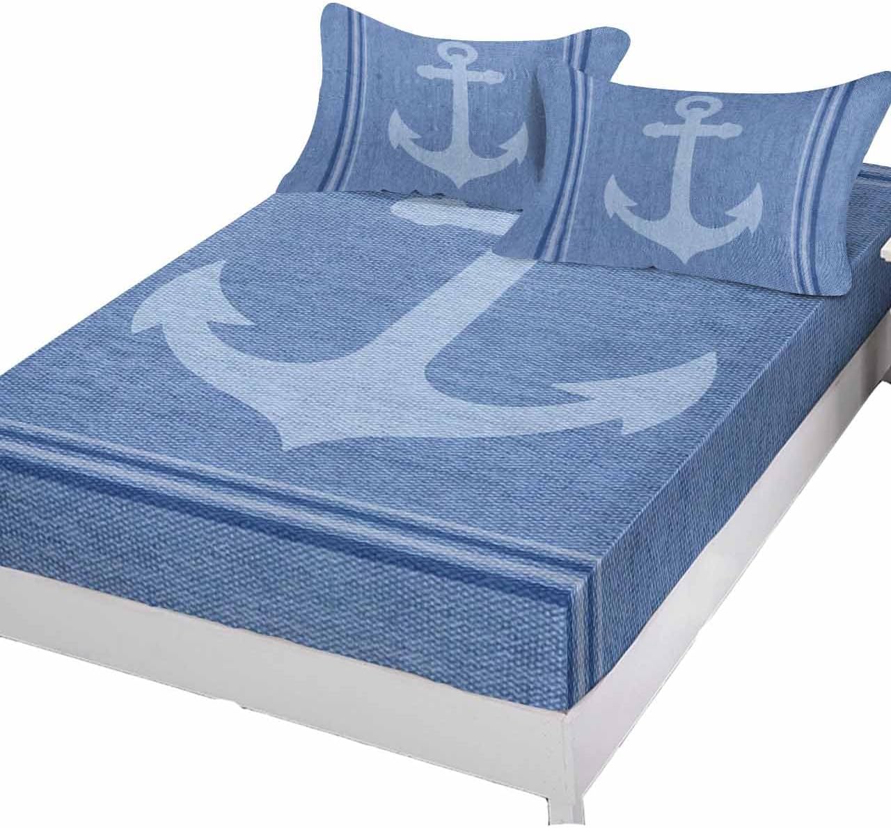 Fitted Sheets Elastic Deep Pocket Bed Sheet Cal King, Nautical Anchor on Blue Linen Soft Bed Sheets Set,Modern Stripe Mattress Cover Up Hotel Luxury Fitted Sheet Pillowcase for Bedroom
