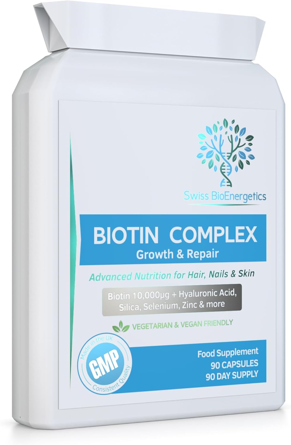 Biotin Complex Growth & Repair – 3 Month Supply - Advanced Nutrition for Hair, Nails & Skin - Balanced Formula of D-Biotin, Silica, Hyaluronic Acid, Selenium, Zinc, Iron & Copper Plus VIT C – UK Made