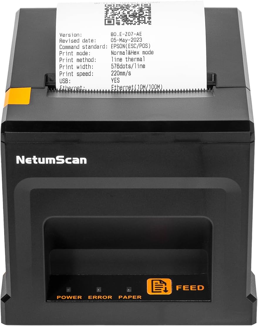 NetumScan 80mm POS Receipt Printer 300mm/s USB Thermal Receipt Printer with Auto Cutter Cash Drawer, USB Ethernet Interface, Support Windows/Mac/Linux, Restaurant Kitchen Printer for ESC/POS