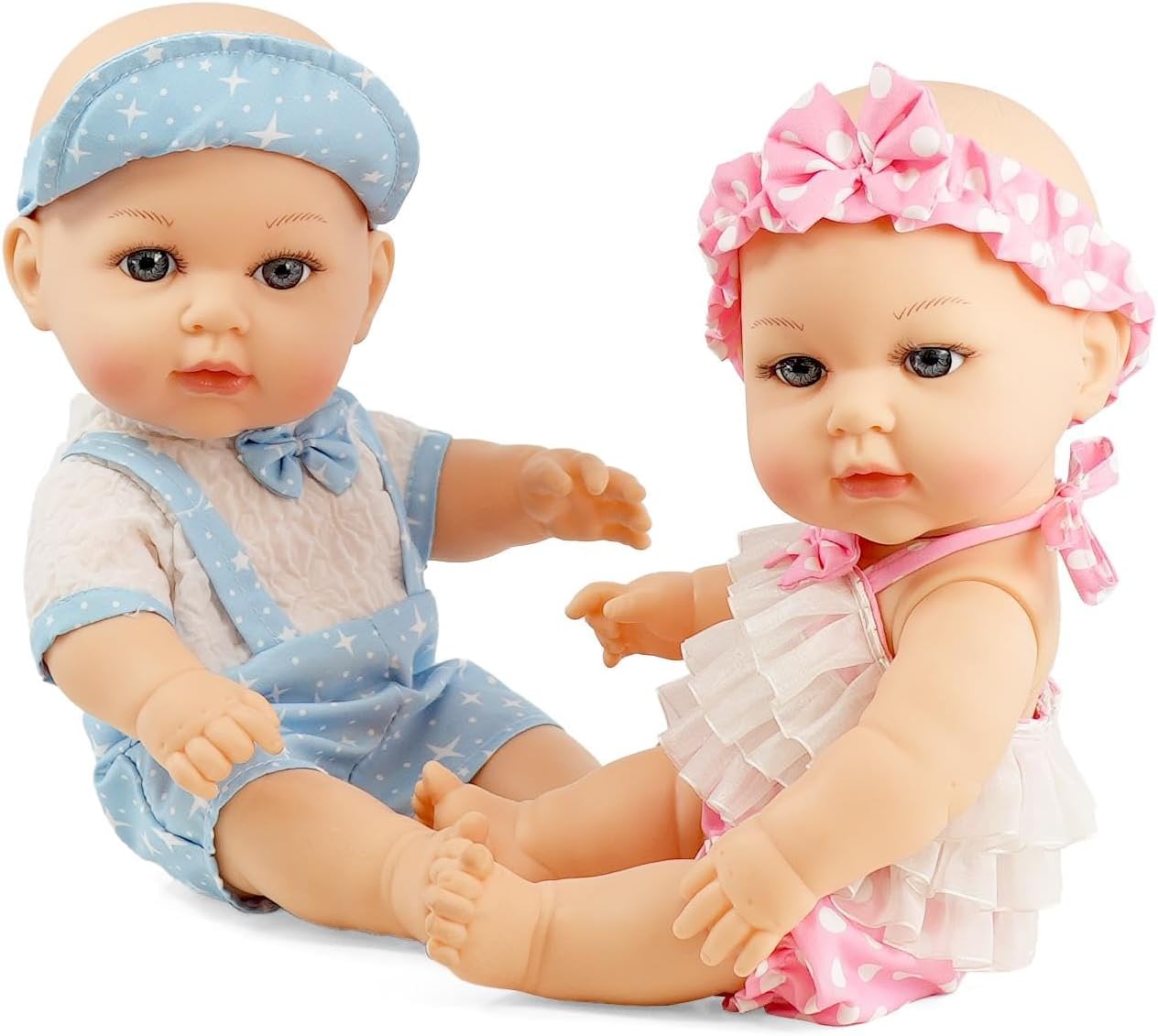 Bibi Doll 14" Twin Baby Dolls Lucy & Lou with Pink & Blue Complimenting Outfits - Anatomically Correct, Soft Vinyl Bodies - Realistic Baby Dolls for Girls and Boys Aged 3 Years and Up