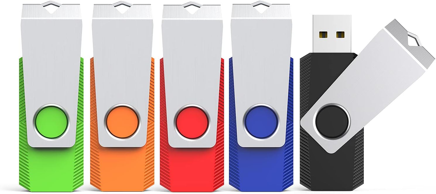 64GB USB Flash Drive 5 Pack USB Stick, KEXIN USB 2.0 Stick Swivel Memory Stick 64 GB USB Drive Metal Cap Pen Drive with LED Light Thumb Drive for Data Storage (Black, Green, Blue, Red, Orange)