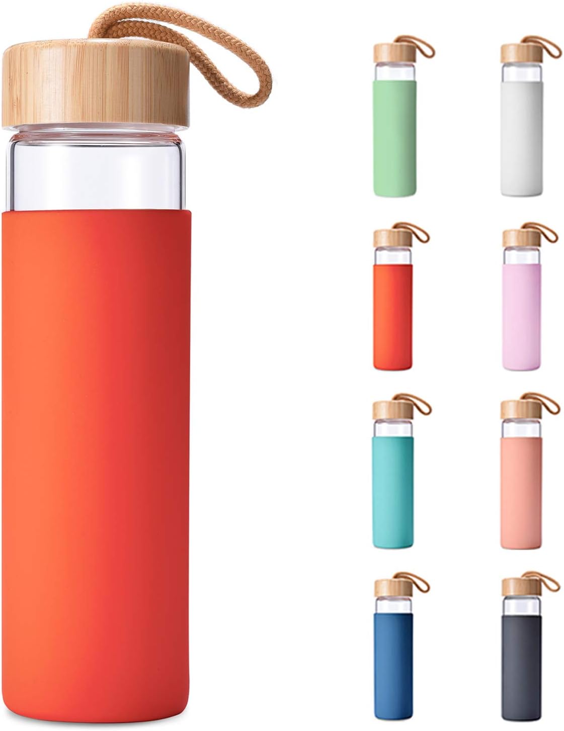 20 Oz Borosilicate Glass Water Bottle with Bamboo Lid and Silicone Sleeve – Reusable BPA Free Drinking Bottle with Lids - Cute Bottle for Women - Glass Shaker Bottle (Cherry Tomato)