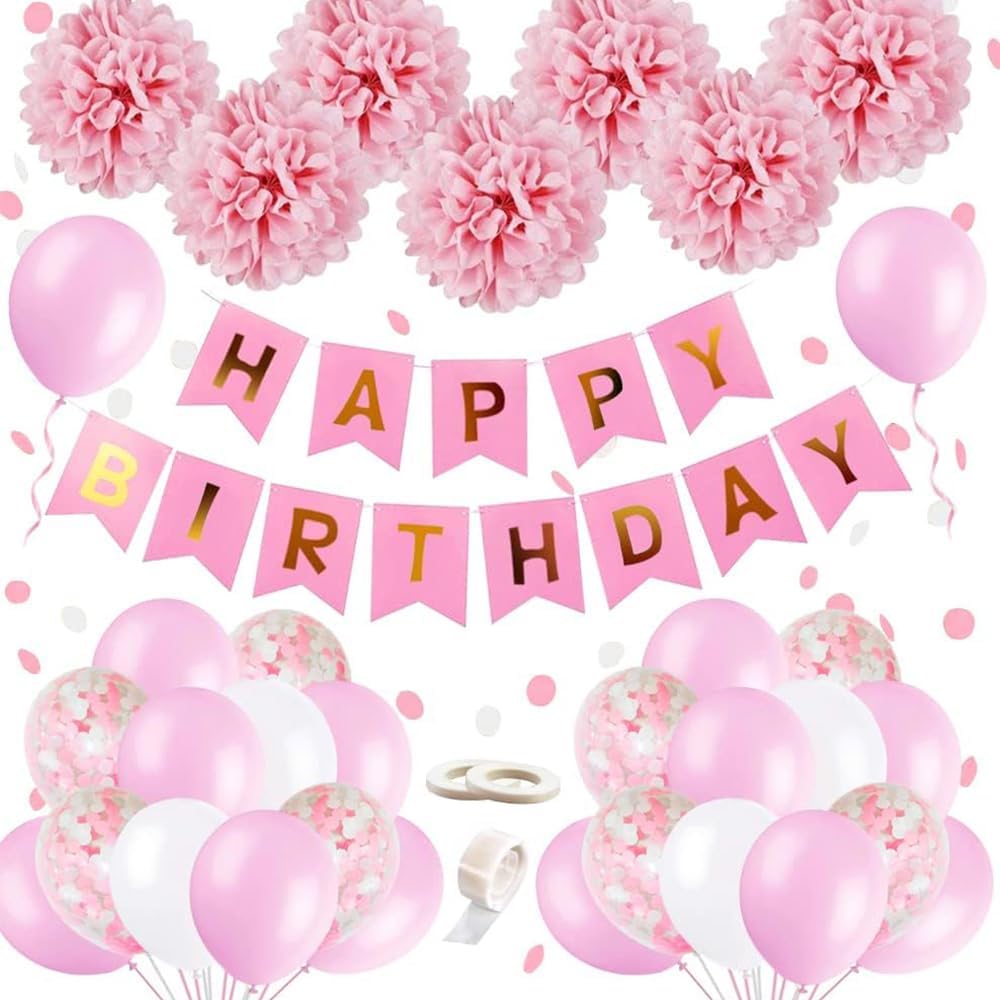 Pink Birthday Balloons Party Decorations Girls, SIMSPEAR Happy Birthday Banner Garland Party Supplies with Tissue Paper Pompoms, Pink Confetti Balloons for Girl Girlfriend Daughter Women Enfant