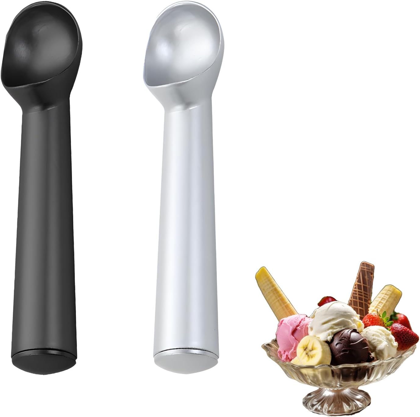 2 Pcs Ice Cream Scoop, 7 Inches Nonstick Icecream Scoop Metal, Durable Aluminum Icecream Spoon Cookie Scoop, Scoops for Food Gelato Cookie Dough Sorbet Almond (Silver Black)