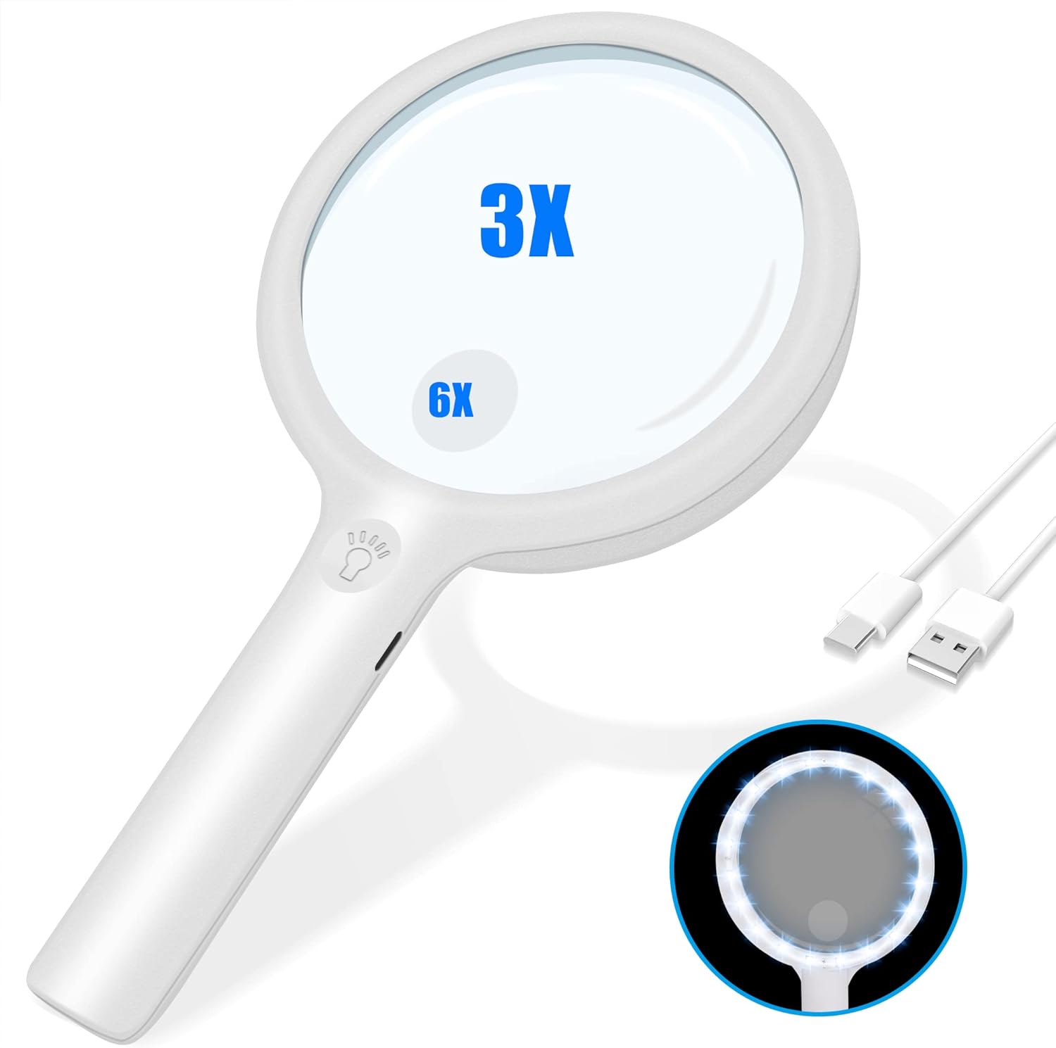 Magnifying Glass with Light, Handheld Illuminated Lighted Magnifying Glass with 20Leds, 3 Light Modes & Rechargeable USB Magnifier Seniors, Reading, Macular Degeneration, Exploring, Coins (White)