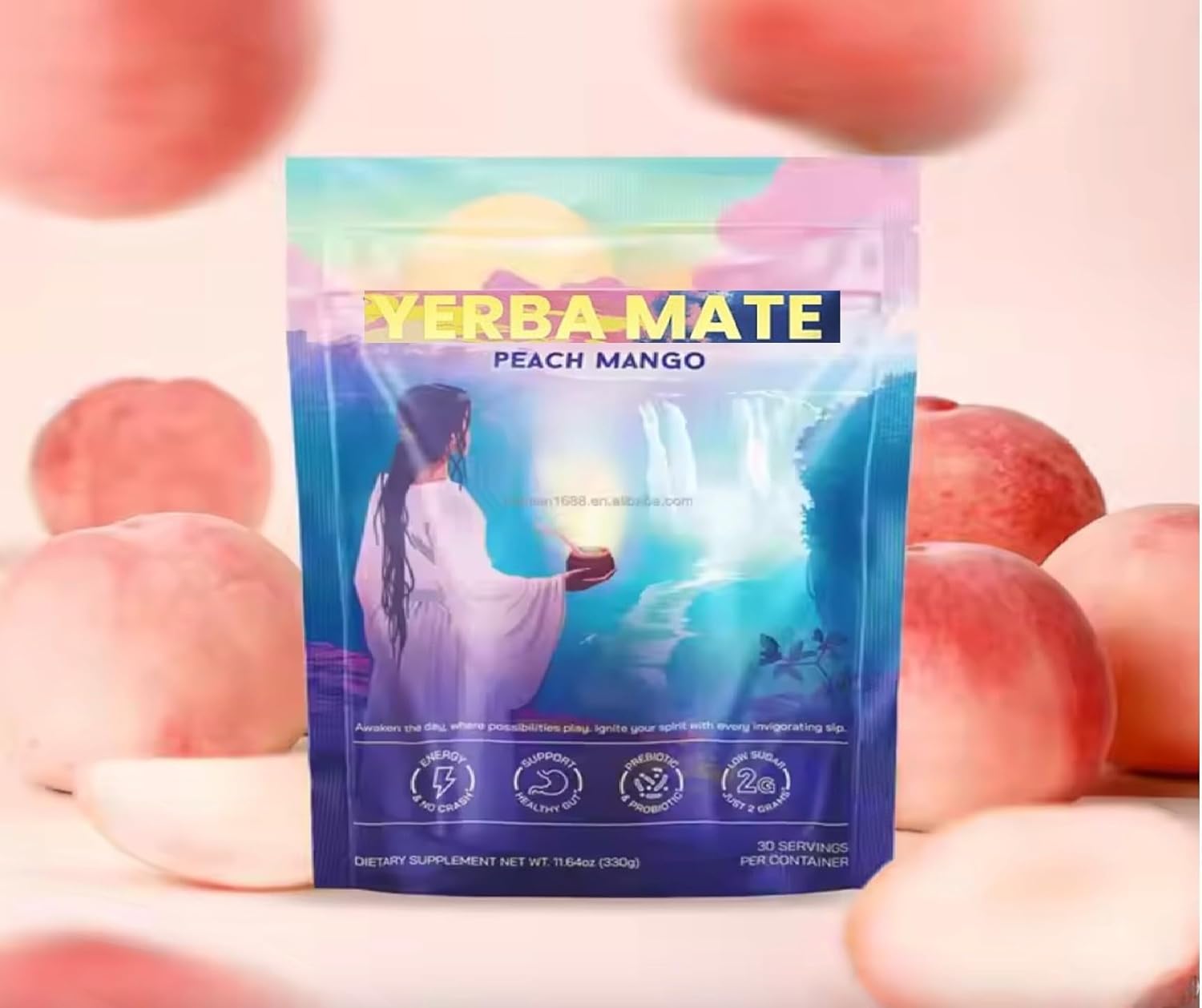 Yerba Mate Peach Mango Instant Tea - Super Calm Yerba Mate - Clean Energy, Brain Fog Relief & Gut Health - Low Sugar - Stay Refreshed and Focused - 30 Servings