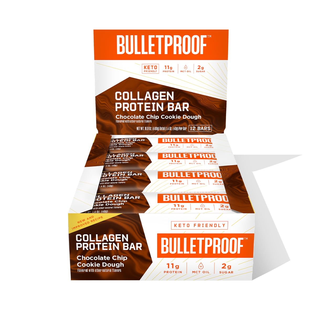 Bulletproof Chocolate Chip Cookie Dough Collagen Protein Bars, Pack of 12, Keto-Friendly Snack with MCT Oil, Grass-fed Collagen, No Added Sugar