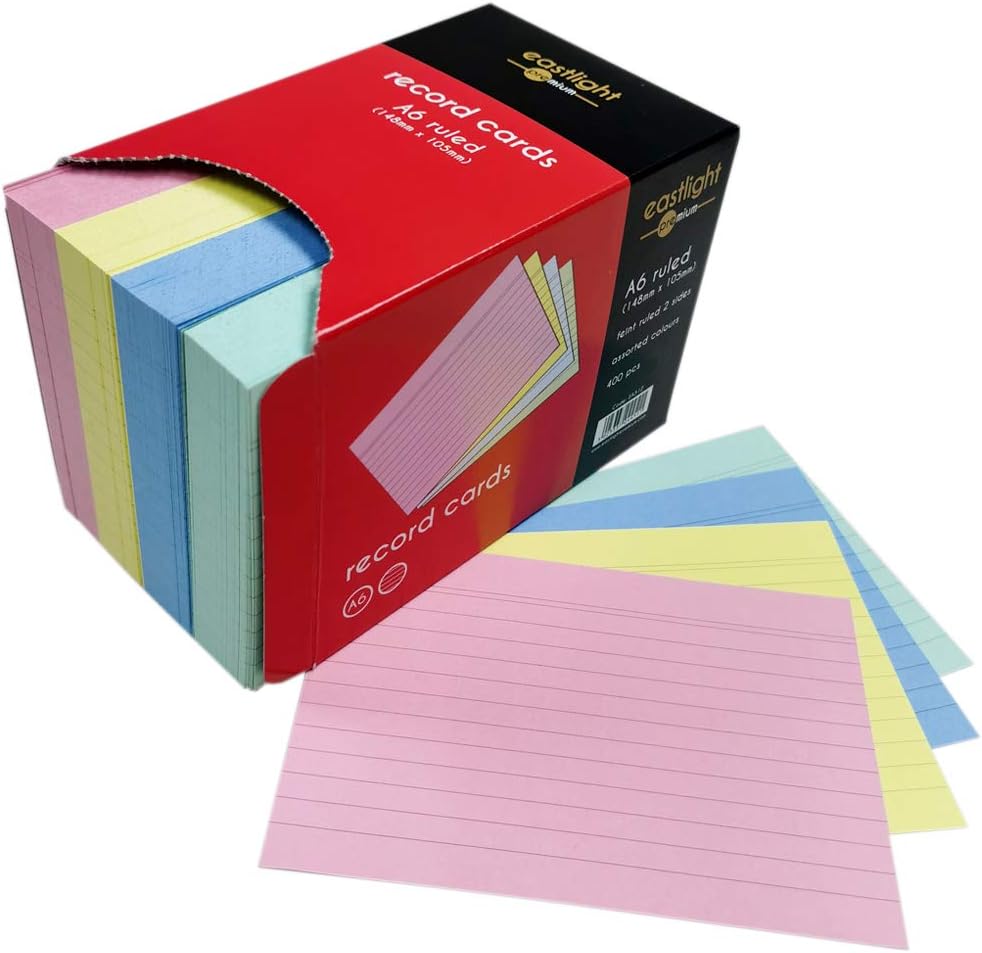 Eastlight A6 Ruled Index Record Card Assorted Colours Pack of 400 Brilliant for Revision Cards in Handy Storage Box