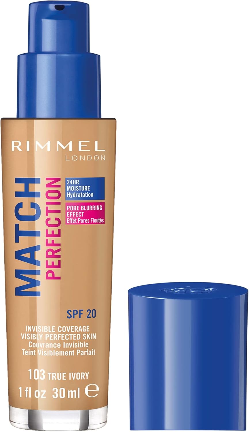 Rimmel Match Perfection Foundation 103 True Ivory, Medium Coverage, 24hr Hydration, No Caking or Creasing, Lightweight, Reduces Imperfections, Invisible Coverage, SPF20, Cruelty Free