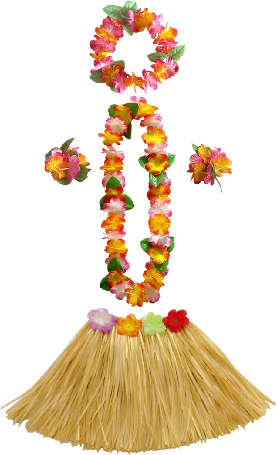 VilaGi 5Pcs Hawaiian Hula Skirt Costume Set,Hawaiian Grass Skirt Fancy Dress Hawaiian Leis Hawaiian Garlands Bracelet Necklace Hawaii Leis for Kids Summer Beach Flower Leis Tropical Party Decorations