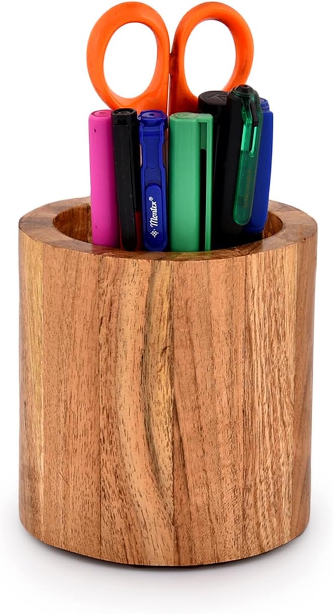 Indus Lifespace Acacia Wood Pencil/Pen Holder for desk, Round Desktop Organizer for Desk Multi Purpose Use for Home School Office Supplies (10.16cm x 10.16cm x 10.16cm)