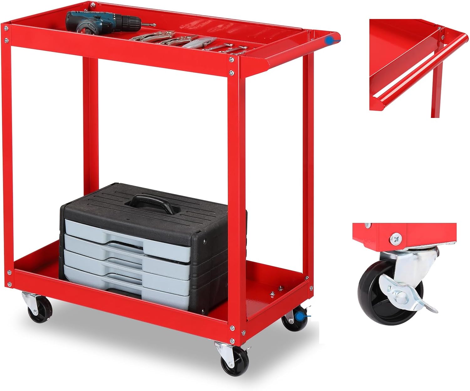 TUFFIOM 2 Tier Rolling Tool Cart,220 LBS Capacity Industrial Service Cart on Wheels w/2 Brake,Heavy Duty Steel Utility Cart,Tool Organizer for Mechanic,Garage,Workshop,Warehouse & Repair Shop
