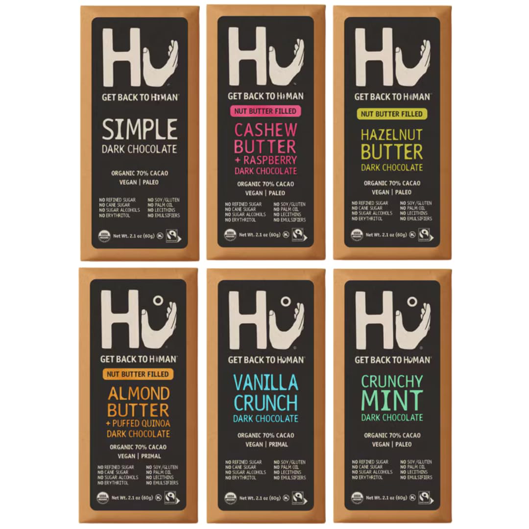 HU Dark Chocolate Bars Variety Pack, 6 Count – Simple, Cashew Buter Raspberry, Hazelnut Btr Almond Butter & Puffed Quinoa, Vanilla Crunch & Crunchy Mint – Premium Dark Chocolate Bars