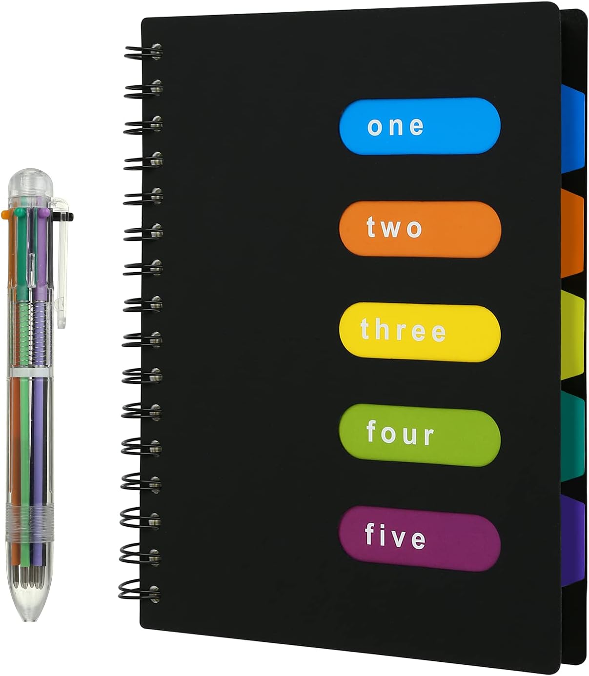 Kesote Subject Notebook with Multicolor Pen, Wire Bound Notebook 300 Pages A5 Journal Notebooks Subject Divider with 5 Colors Tab & 6-in-1 Retractable Ballpoint - Black