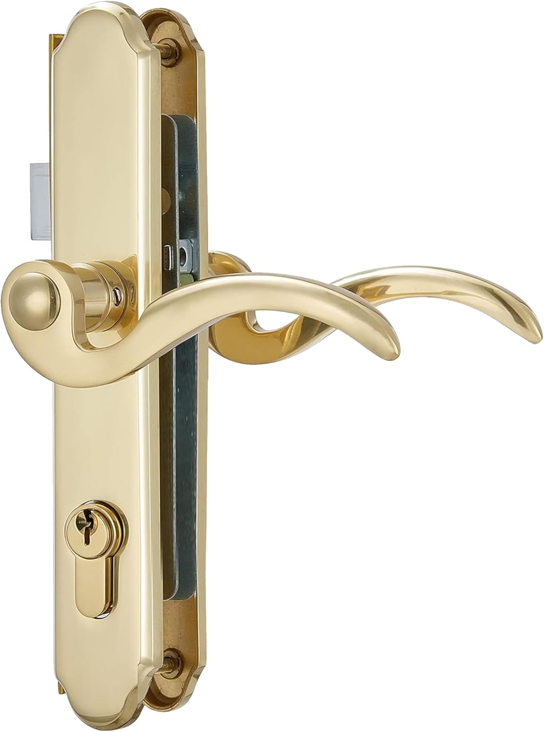 Storm Door Handle Replacement Kit With Lock and Key, Gold Security Door Lever Handle Lock Set for Interior Patio and Storm Door, Waterproof and Anti-Rust Door Handle Lock Replacement (Gold)