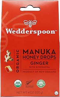 Wedderspoon Organic Manuka Honey Drops, Ginger & Echinacea, 20 Count (Pack of 1) | Genuine New Zealand Honey | Perfect Remedy For Dry Throats