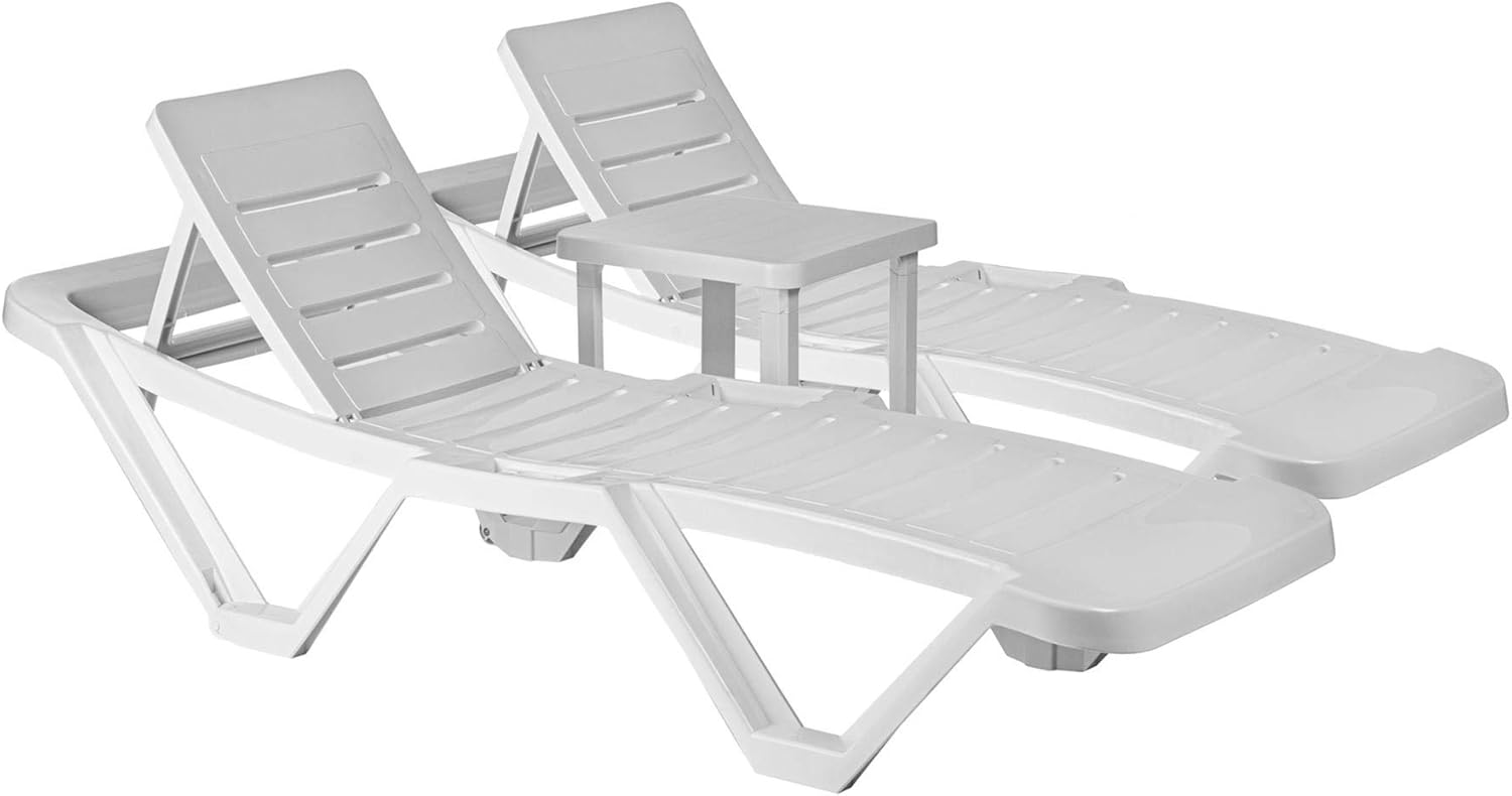 Resol Master 5-Position 2 Sun Loungers & Side Table Set - White - Heavy Duty Polypropylene Garden Sunlounger Reclining Adjustable Sun Bed and Outdoor Bistro Small Table for Garden, Beach, Pool