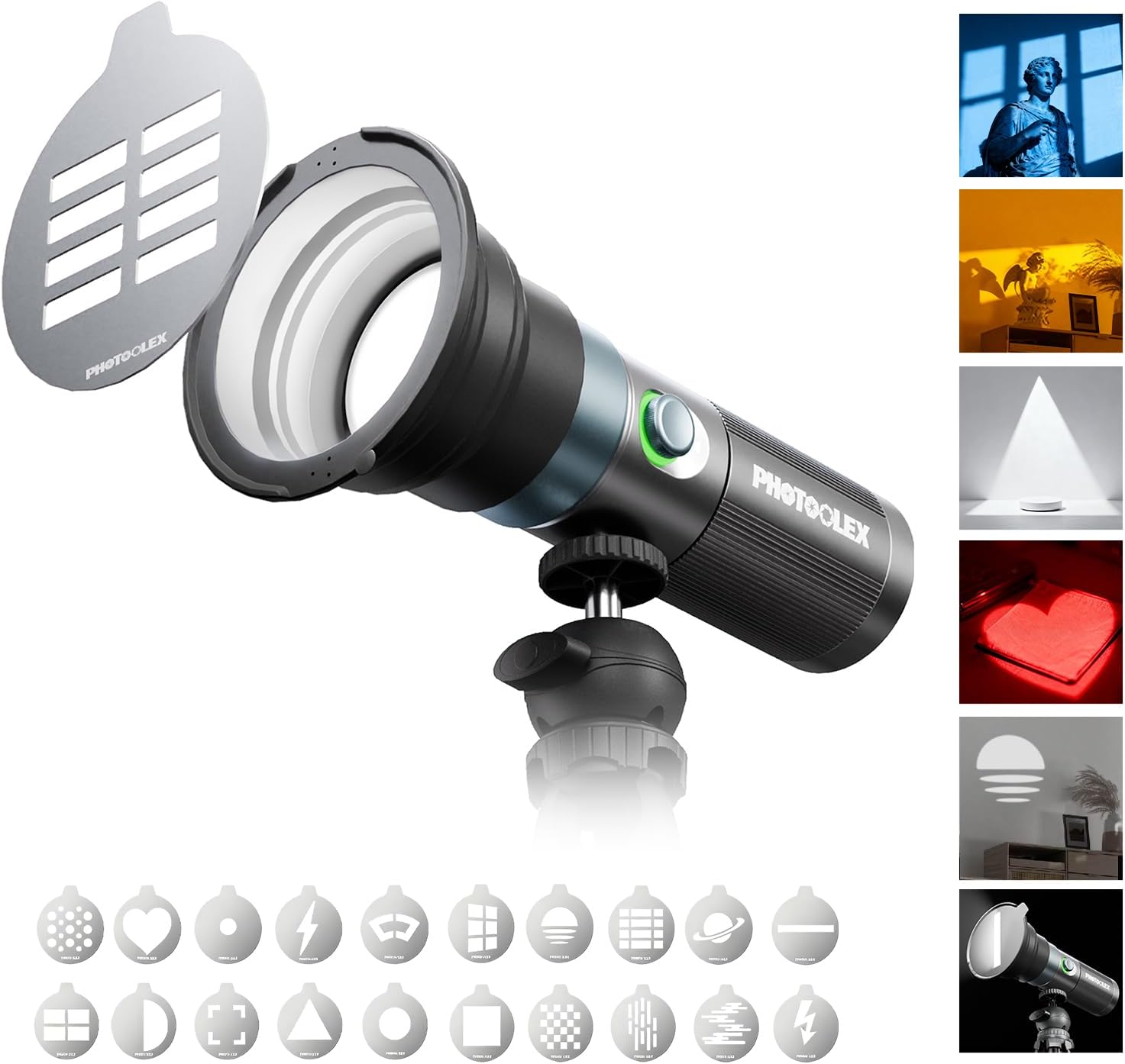PHOTOOLEX RGB Photography Flashlight, 10W Fill Light, Studio Spotlight | 8400mAh/4 Colors/CRI96+/20 Aluminum Gobos/Portable/Silicone Diffuser, for Creating an Photo Atmosphere, Content Creation