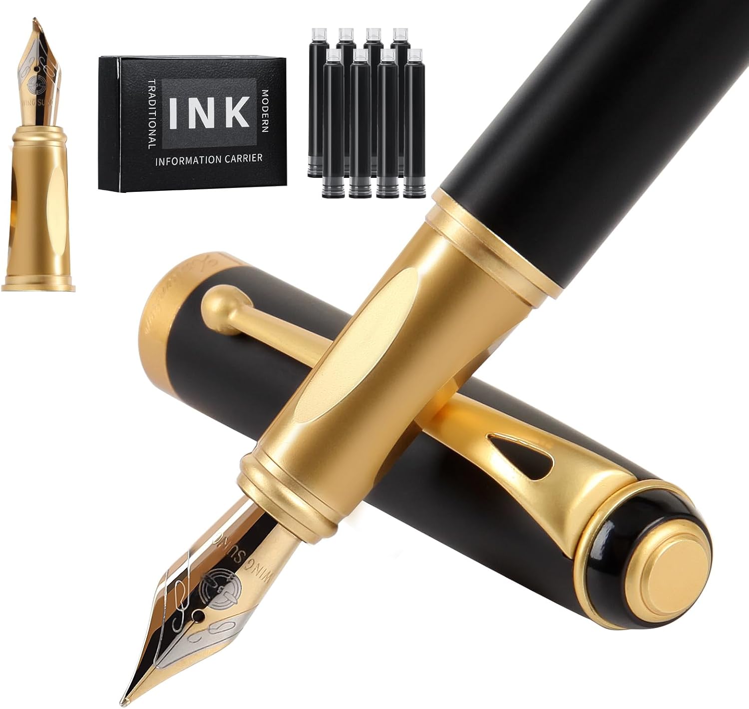 Fountain Pen - Smooth Writing Metal Water Pen With Gift Case, Medium Nib, Consistent Flow, 10 Cartridges and Refill Converter (Gold)