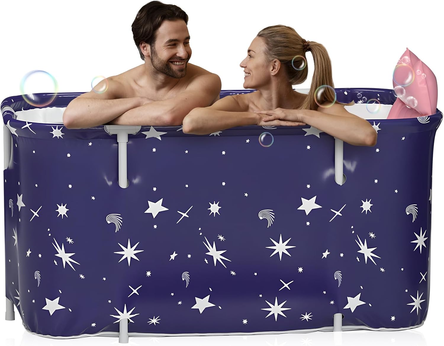 Warmiehomy 140x50X55CM Portable Foldable Bathtub for Adult, Large Soaking Bathtub with Cushion and Backrest, Hot Bath Ice Bath SPA Tub for Shower, Freestanding Bath tub for Adults Kids, Starry Blue