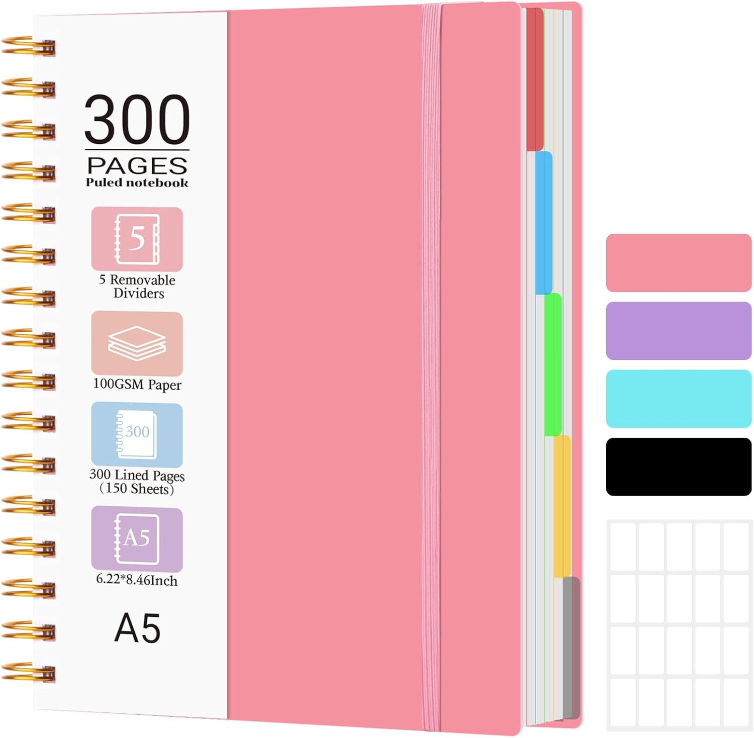 MOFELON A5 Notebook, Notepad, A5 Notebook with Dividers, 300 Pages 100GSM Thick Wirebound Spiral Notebooks for Writing, PVC Hardcover Note Book for Work Office School, 21.5 x 15.8cm,Pink