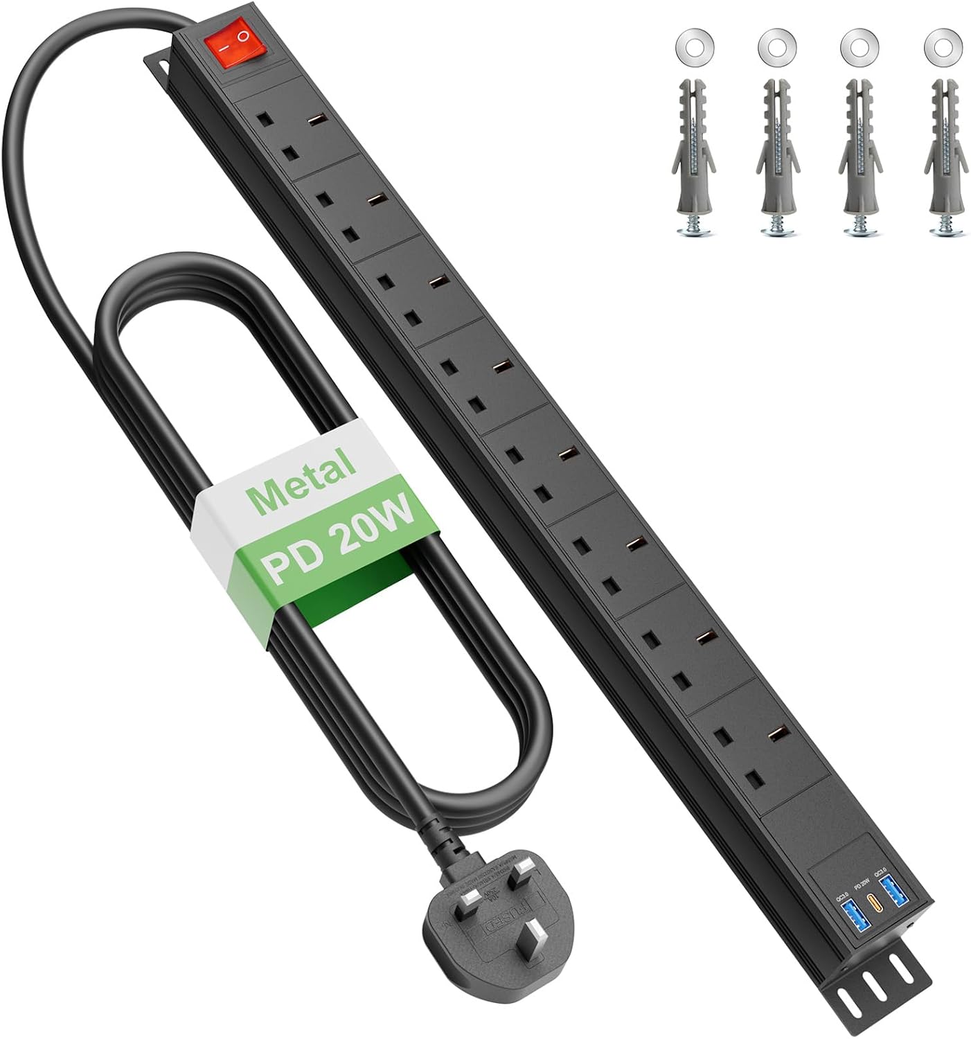 8 Way Power Strip Surge Protector USB C PD20W, Extension Lead with Switches Surge Protected, Wall Mount Power Strip for Home Office, 1.8M Cable Extension Cord, Black