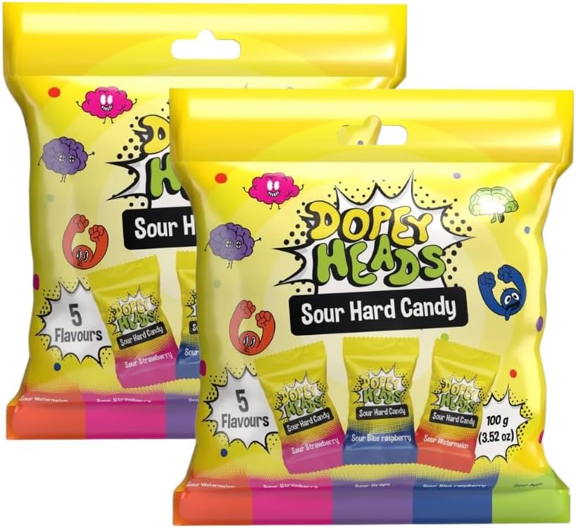 Dopey Heads | Hard Candy | HALAL | Assorted | Hard Candy | Sour Hard Candy | Watermelon | Strawberry | Grape | Blue Raspberry | Apple | Pack of 2 | Weight 100g Each (Assorted Sour Hard Candy)
