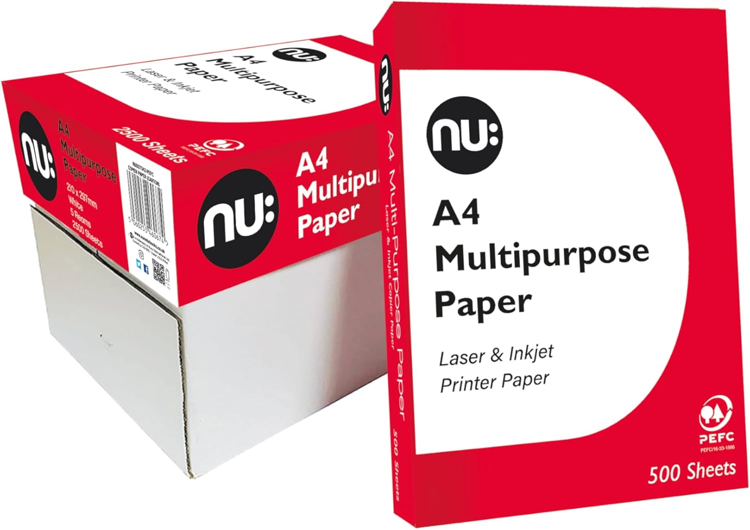 nu: A4 Multi-Purpose Printer Paper, White, 500 Sheets, Smooth Surface, Suitable for Inkjet, Laser & Copier Use, Ideal for Home & Office, 5 Reams