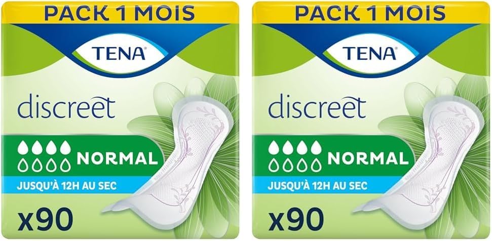 TENA Discreet Normal, 90 Incontinence Pads (15 x 6) Individually Wrapped, for Women with Medium Bladder Weakness, Incontinence and Unpredictable Leaks (Pack of 2)