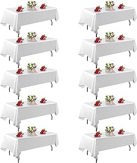 10 Pack White Table Cloth Rectangle Table 60 x 102 Inch Tablecloths for 6 Foot Rectangle Tables. Stain and Winkle Resistant Polyester Washable White Table Cloths for Parties Wedding Dining